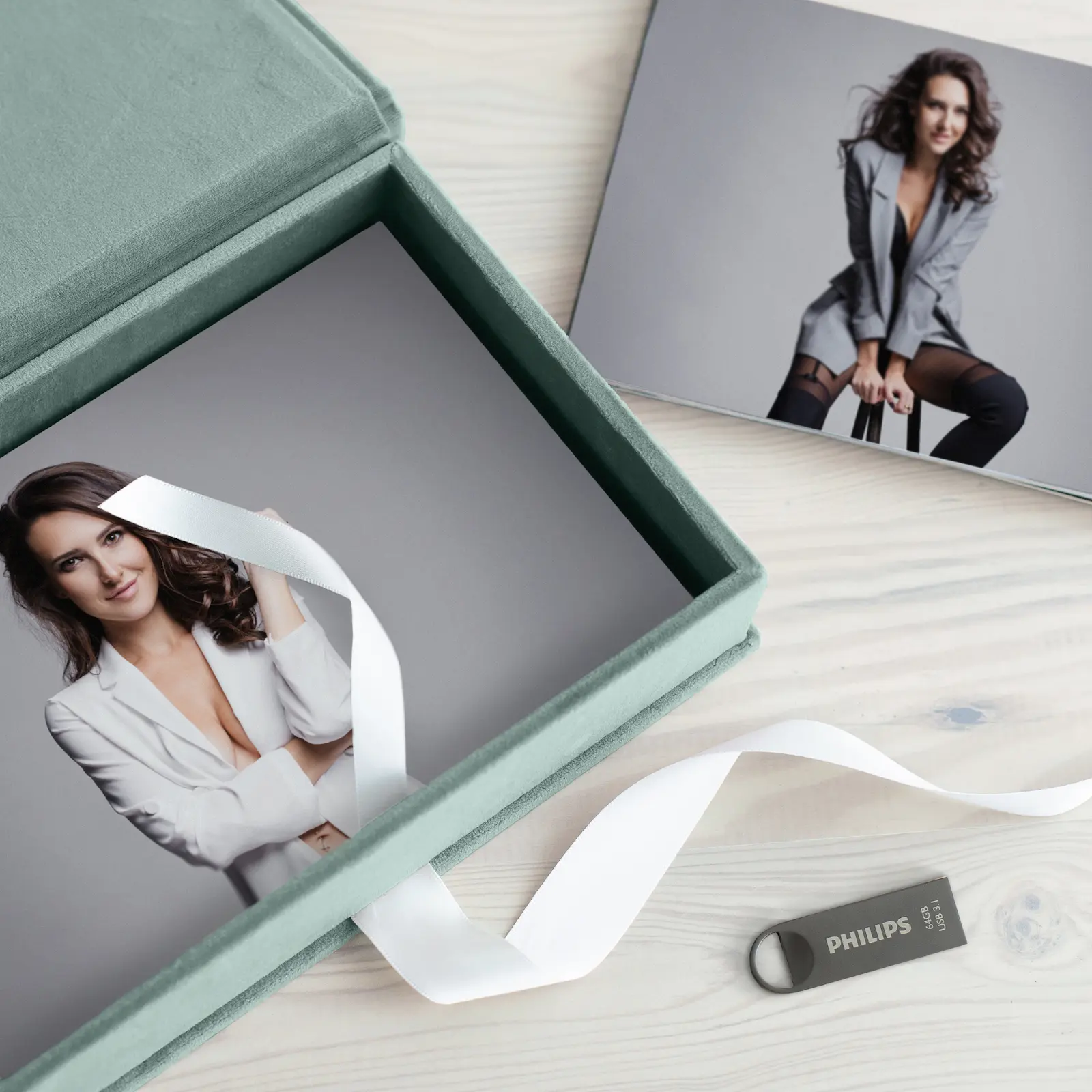 Velvet Folio Box with 20 Printed Photo Cards, USB, Ribbon Closure - Image 2