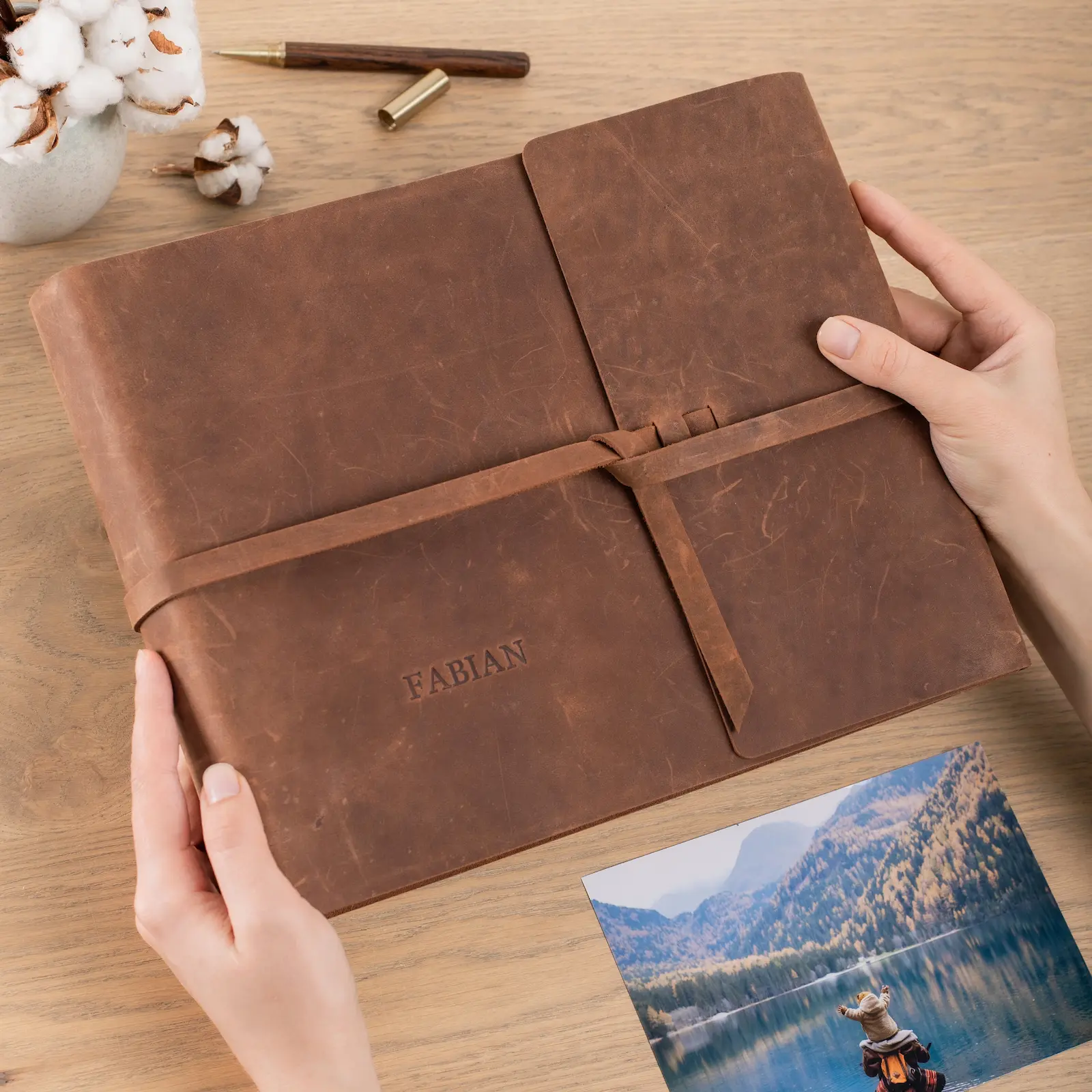 Leather Traditional Photo Album, Rustic Crazy Horse Leather, Wrap tie closure - Image 5