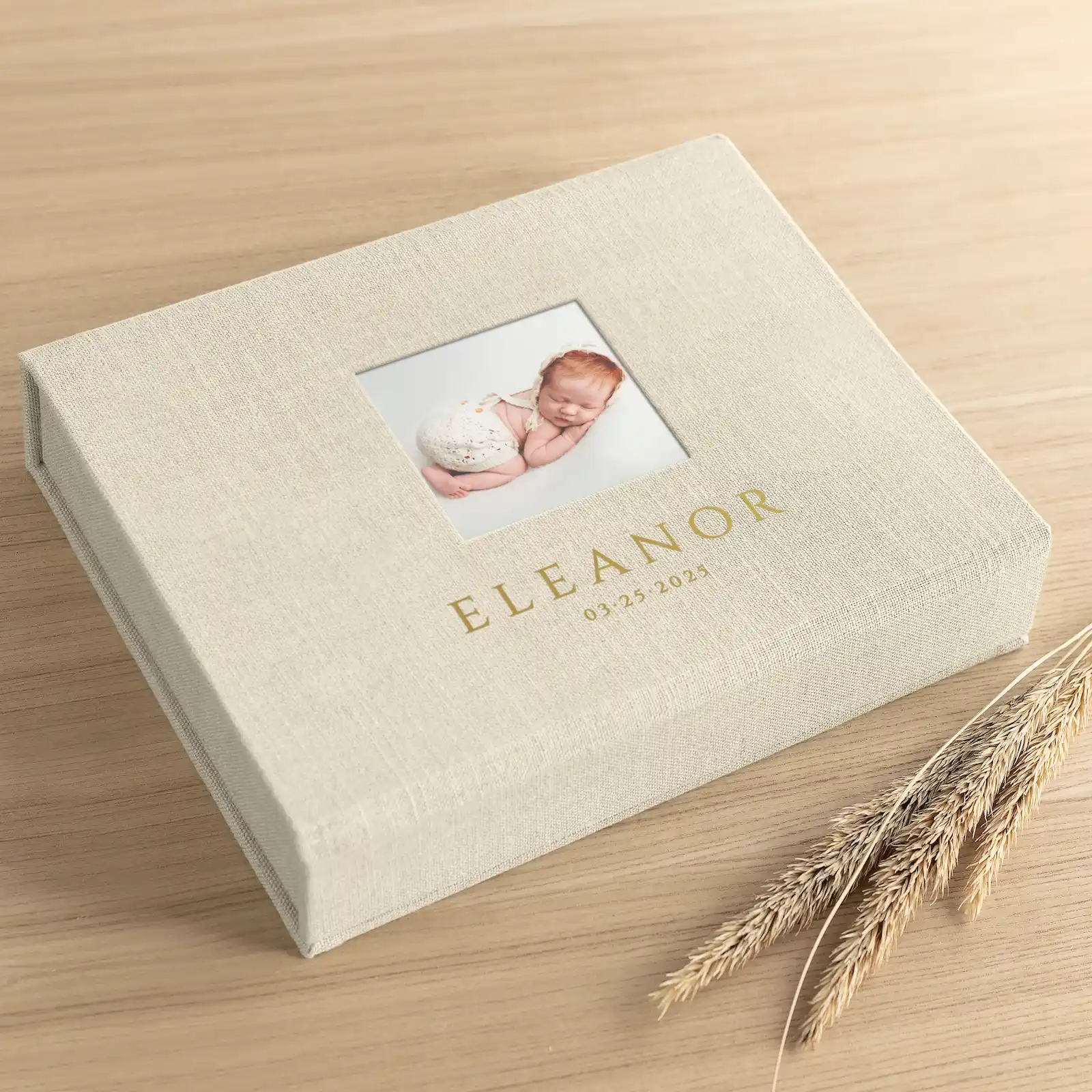 Linen Baby Keepsake Box, Photo Window, Magnet Closure - Image 2